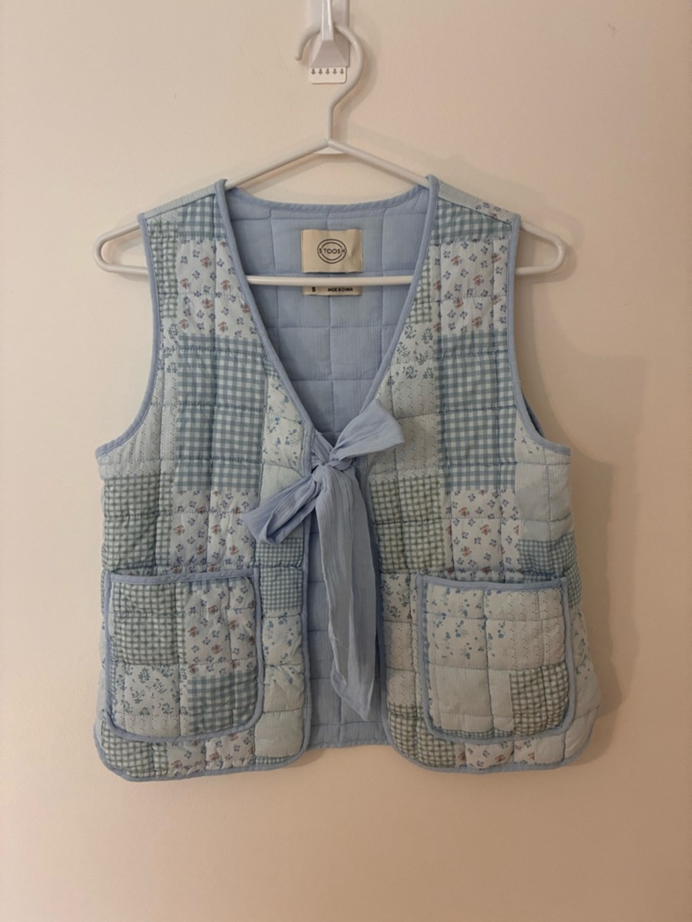 Stoosh Light Blue Patchwork Tie-Front Quilted Vest
